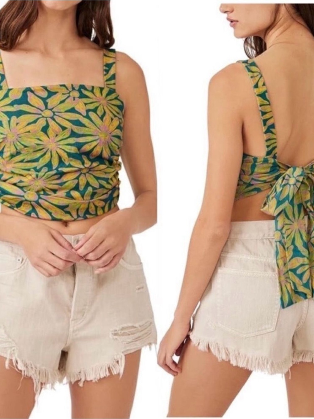 Free People sz M Floral Tie-Back Crop Top open back tank top